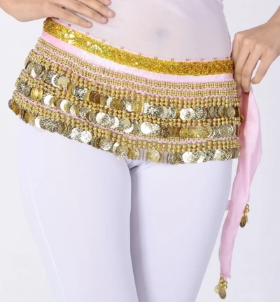 Multi-Rows Gold Coin Beads Belly Dance Skirt Wrap Gift Idea Dance Shows Party Night Out Shining Velvet Hip Scarf Skirt Dancewear - Цвет: pink