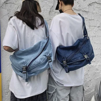 

Teenager Washed Denim Satchel Bag Women Student Japanese Style Harajuku Jeans Fabric Messenger Bag Unisex Soft Shoulder Bag