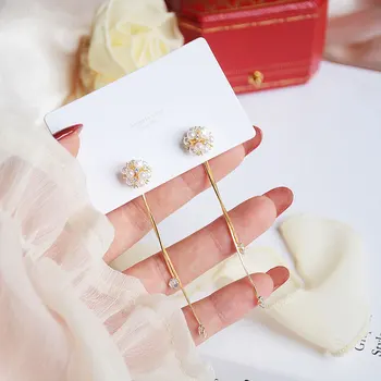 Women 14K Gold Earrings Micro-Inlaid Zircon Pearl Hydrangea Earring Long Temperament Tassels a Pair of Daily Female Accessories