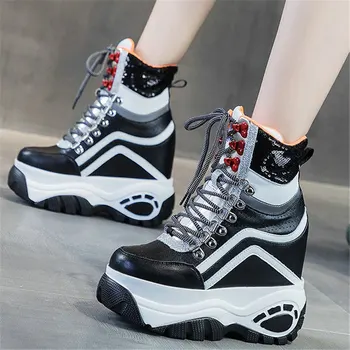 baratas Punk Goth Formadores Mulheres Cunhas De Couro Genuíno Salto Alto Tornozelo Botas Femininas Dedo Do Pé Redondo Robusto Plataforma Bombas Sapatos Casuais