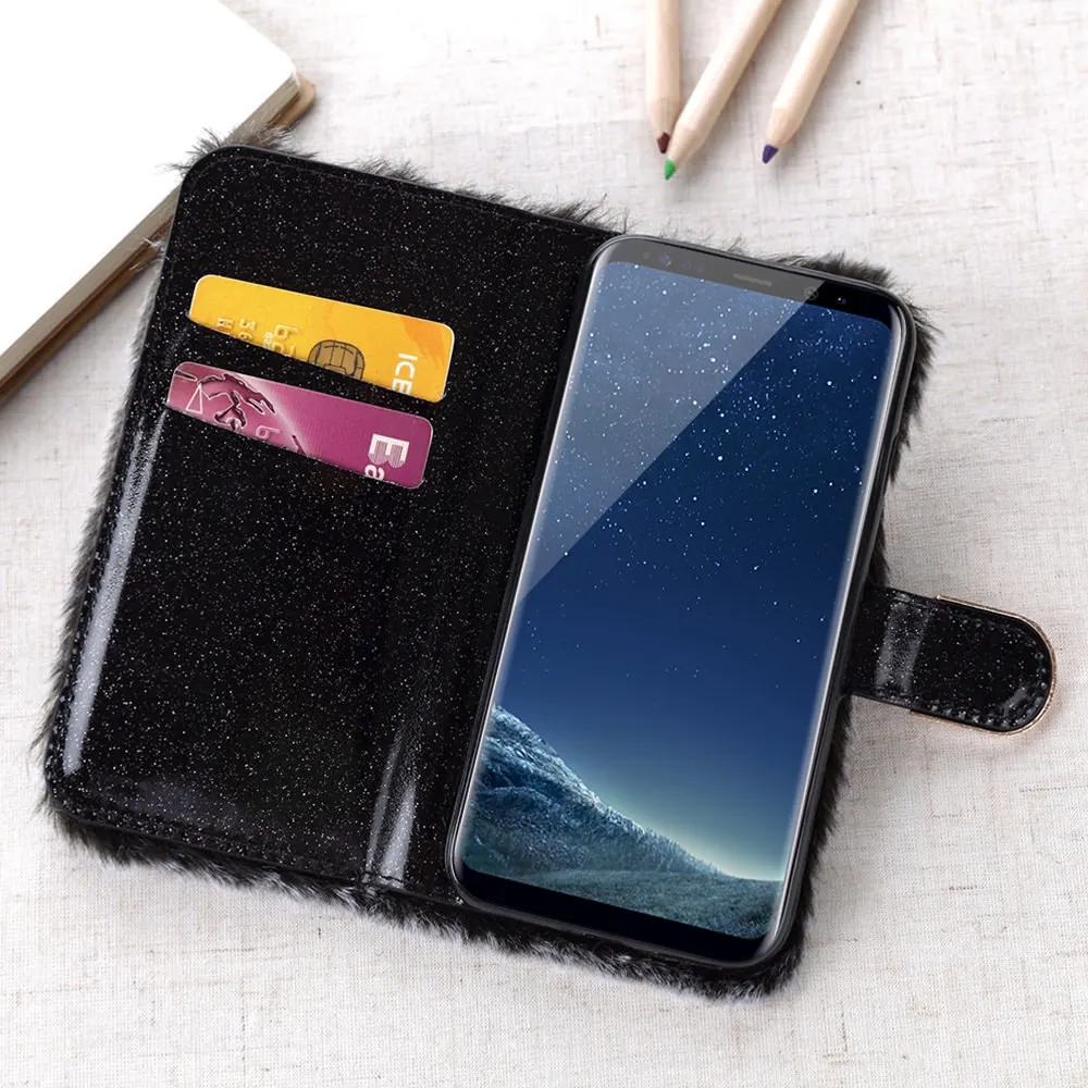 Pepmune Роскошный кожаный чехол-книжка с пушистый меховой чехол для samsung A7 A6 A8 A3 блестящий кожаный чехол-бумажник с крышкой для Galaxy J4 Plus J6 J3