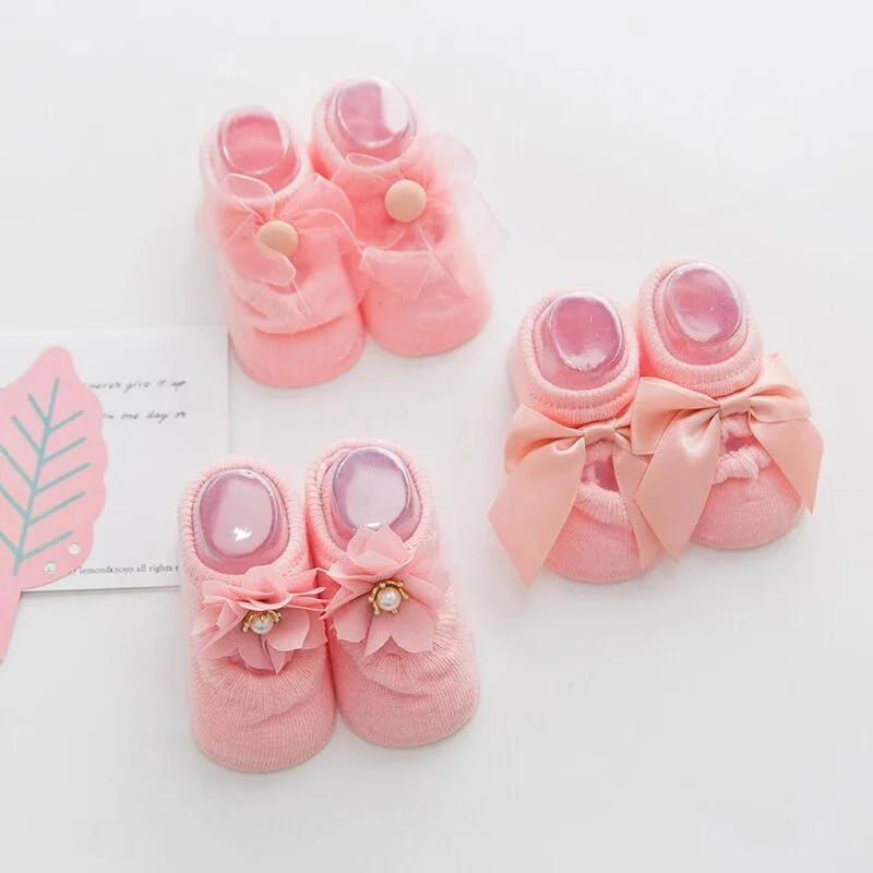 3 пары хлопковых детских носков носки для новорожденных малышей носки-тапочки с кружевным бантом