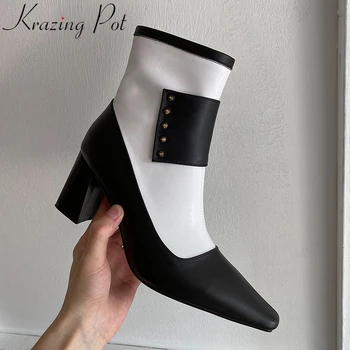 

Krazing Pot fashion cow leather square toe winter shoes high heels party mixed colors rivet elegant work dress ankle boots L24