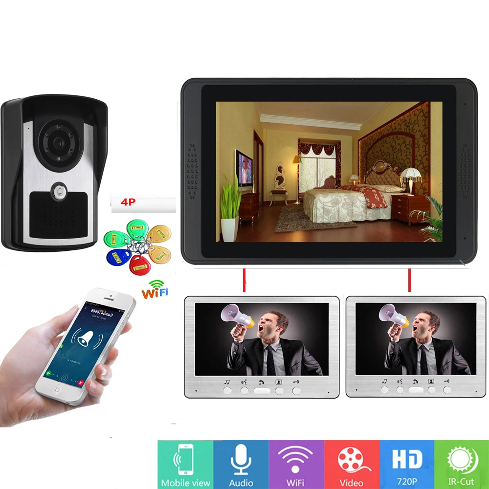 SmartYIBA RFID Visual Intercom 7 Inch LCD Wifi Wireless Video Door Phone Doorbell Speakephone Intercom System 1 Camera 3 Monitor