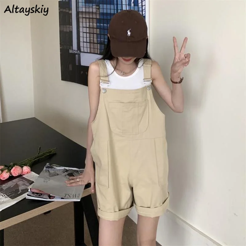 

Wide Leg Rompers Women Summer Solid Khaki Vintage Loose Unisex Basic Cuff Playsuits Casual Korean Fashion Cargo Overalls Student