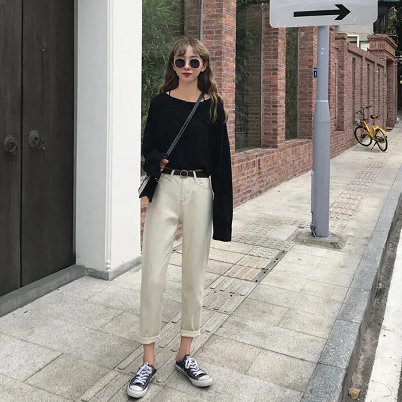 Женские модные белые джинсы с высокой талией джинсовые брюки Корейская мода уличная свободные джинсы