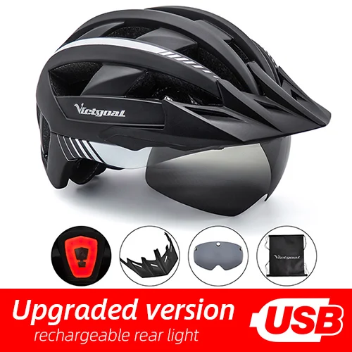 BlackWhite USB LED Victgoal MTB велосипедный шлем Moutain дорожный USB Перезаряжаемый велосипедный шлем с подсветкой солнцезащитный козырек поляризационные очки светильник велосипедные шлемы - Цвет: BlackWhite USB LED