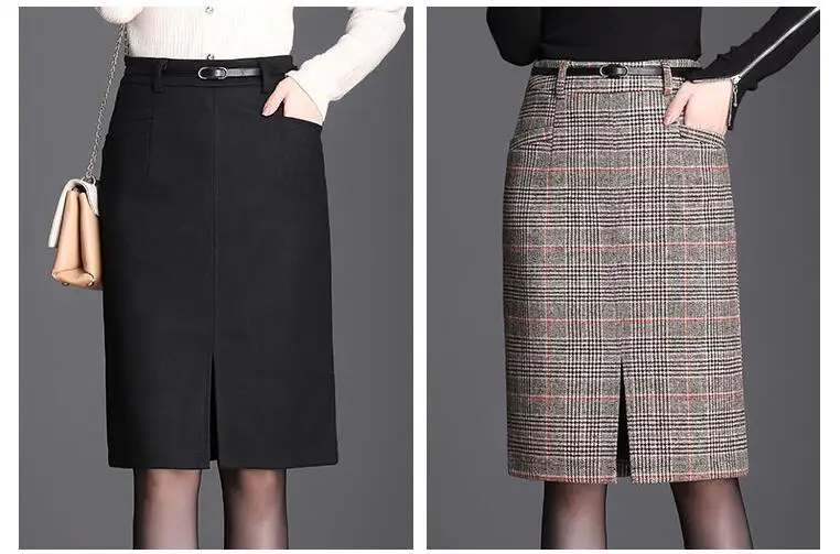 Женская осенне-зимняя винтажная клетчатая Женская юбка-карандаш с высокой талией повседневная юбка шерстяная большого размера Женская юбка юбки S418