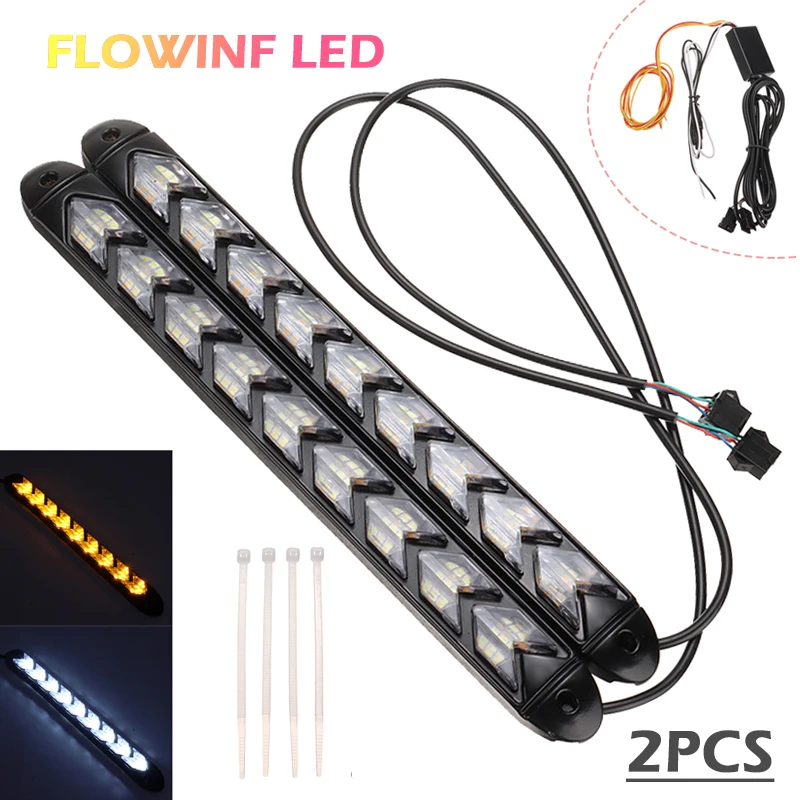 

2pcs 12V Car SMD 3030 LED Amber/White Switchback Flowing Water Strip Flasher Turn Signal Light Day-time Running Lamp 1200LM 25CM