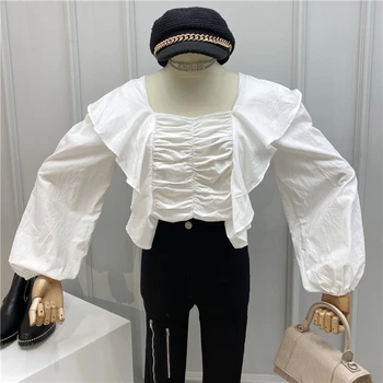 

White Blouse Female 2020 Spring New Sweet Folds Ruffled Open-Back Lace-up Loose-Fit Lantern-Sleeve Shirt Square-Neck Top Blouses