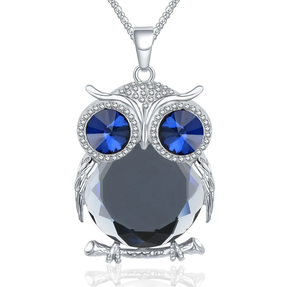 Women 12 Colors Glass Crystal Rhinestone Drop Silver Color Chain Owl Necklace Pendant Women Jewelry Statement Bijouterie Gifts - Окраска металла: 7