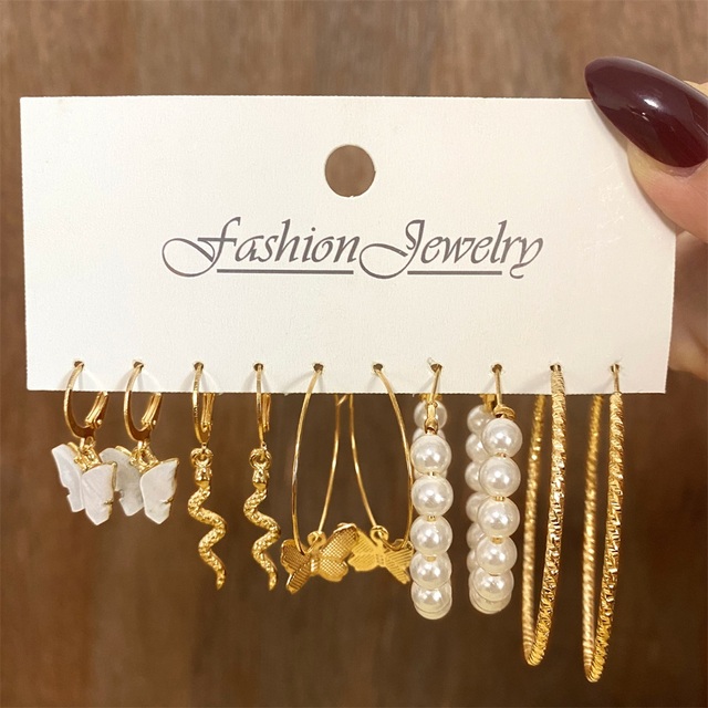 Trend Gold Silver Color Butterfly Hoop Earrings Vintage Snake Pearl Resin Earrings Set For Women Brincos Party Jewelry