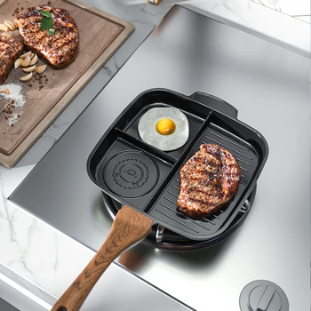 

3 Section Dining Frying Pan Aluminum Anti Scalding Meal Skillet Non Stick Griddle Home Kitchen Breakfast Pot Ergonomic Design