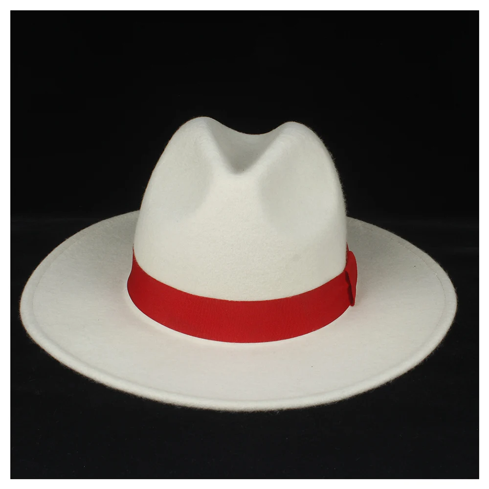 Шерсть аутентичная Женская Белая Шляпа Fedora с красной лентой элегантные женские вечерние шляпка для церкви Панама шляпа чародейная шляпа размер 56-58 см