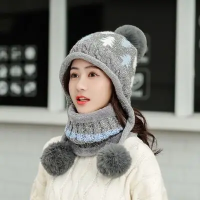 Зимняя женская шапка, комплект с нагрудником, вязаные толстые теплые шапочки с тремя помпонами, Женская Балаклава, многофункциональная шапка, шарф, набор - Цвет: gray hat scarf