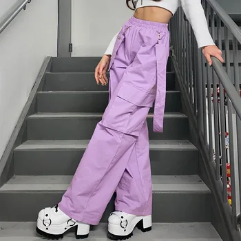 

Casual Loose Pocket Cargo Pants Women Trousers Purple Harajuku Straight Long Pants with Bag Sweatpants Streetwear Wide Leg Pants