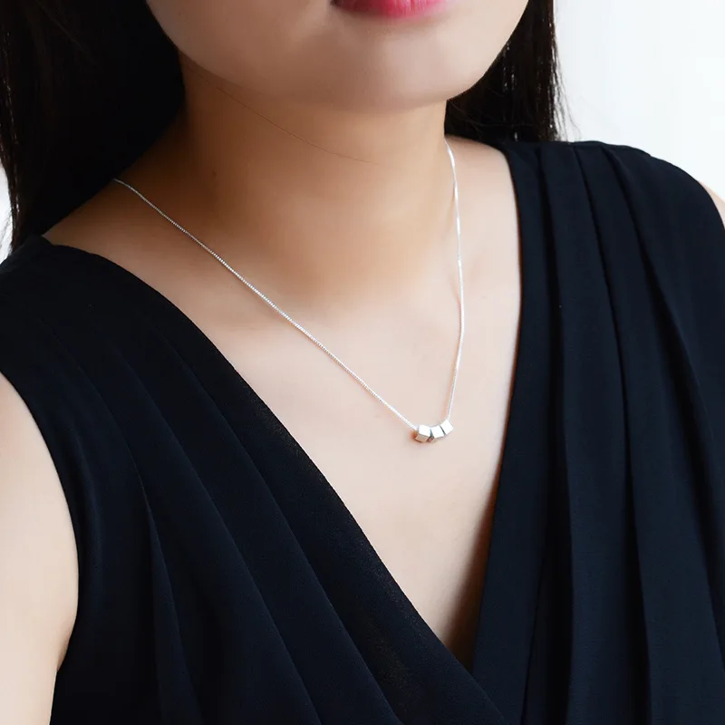 925 Sterling Silver Matte 3 Pieces Cube Choker Necklaces For Women Fashion Jewelry Gifts