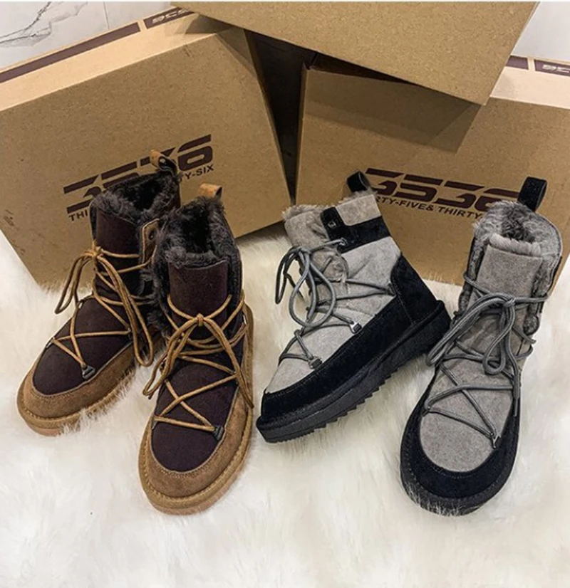 

2021 New Women's Shoes Snow Boots Plush Warm Round Toe Fashion Suede Non-slip Lace-up Boots Platform Cotton Shoes Botas