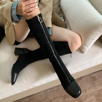 

Sexy Retro Genuine Leather ladies Knee high Boots Thick high Heels zippers women boots Winter Newest Party Dancing Shoes Woman