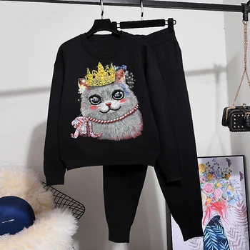 

Fashion New Pearl Sequin Cat Long Sleeve Loose Knitted Sweater + Long Pants Suit Women Autumn O Neck Woman 2 Pieces Sets Outfits