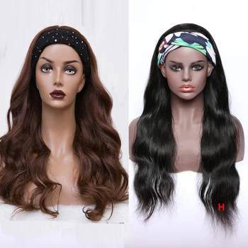 

Hesperis #4 Brown Headband Hair Wig Natural Wave Human Hair Wigs With Headband Remy Brazilian Full Machine Made Wig For Women