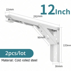 Heavy Duty Stainless Steel Folding Shelf Brackets - Space-Saving Collapsible Support (Set of 2) (White 12inch)