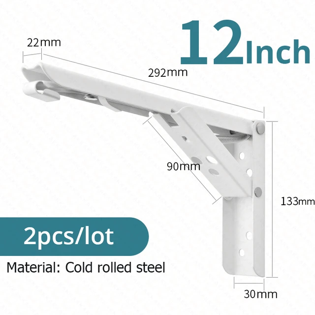 KAK 2pcs Folding Shelf Brackets Heavy Duty Stainless Steel Collapsible Shelf Bracket for Table Work Space Saving DIY Bracket White 12inch