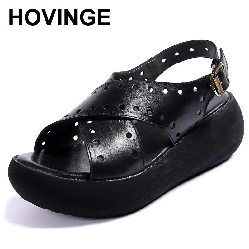 

HOVINGE Women Genuine Leather Sandals Summer Wedge Platform Gladiator Sandals Women Open Toe Retro Casual High Heel Sandals