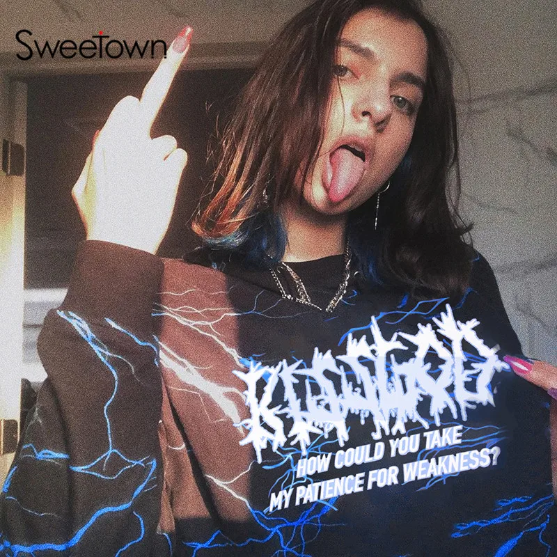 Sweetown Punk Gothic Lightning Print Hoodies Women Letter Print Sudadera Mujer Long Sleeve Cropped Hooded Sweatshirt Streetwear