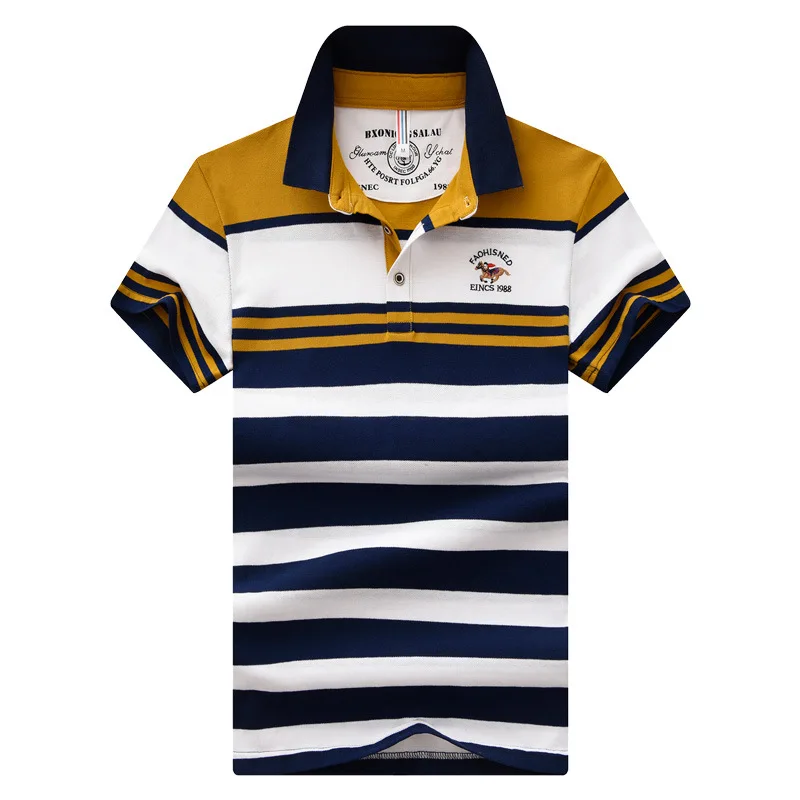 Рубашка поло из чистого хлопка, мужская рубашка с коротким рукавом, лето, стиль, в полоску, Повседневная Базовая одежда, Бизнес Стиль, отложной воротник, вышивка