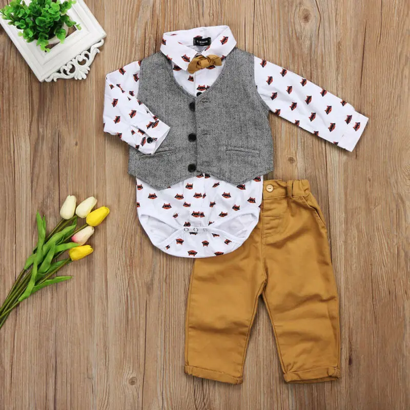 Emmababy деловой костюм джентльмена для маленьких мальчиков жилет с бантом желтые штаны Повседневный костюм-смокинг с галстуком-бабочкой осенний комплект