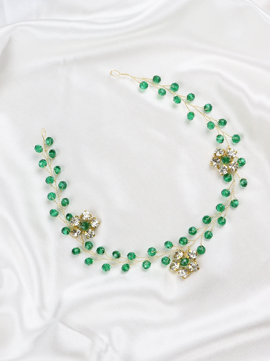 Golden Floral Hair Jewelry Ethnic Green Crystal Hair Accessories Shiny Rhinestone Headbands Wedding Bridal Fascinators