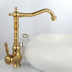 Поворотный носик водопроводной воды полированное золото Цвет латунь одной ручкой на одно отверстие Кухня раковина и Ванная комната кран