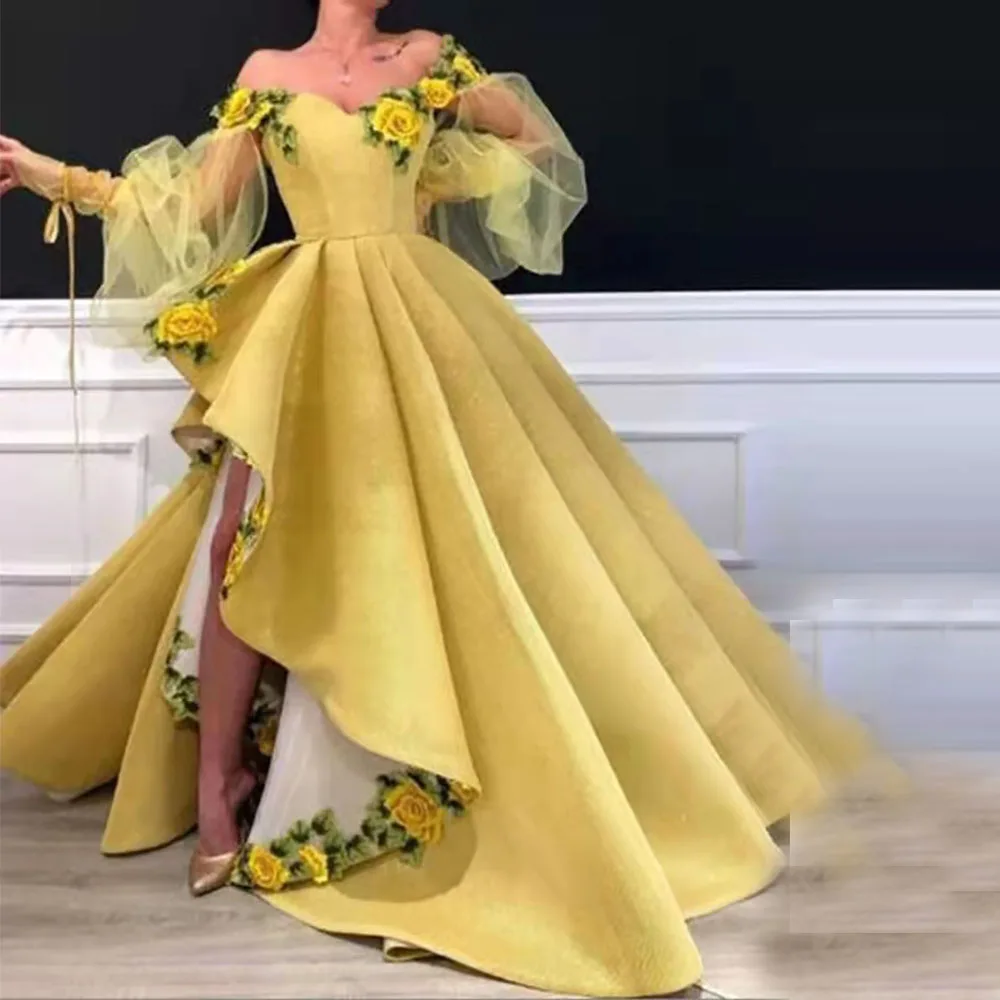 

Elegant Yellow 3D Flower Prom Dress Sweetheart Neck Off Shoulder Evening Gown Big Slit Pleats vestidos de fiesta فساتين السهر