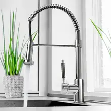 Kitchen Faucets Brush Brass Faucets For Kitchen Sink Single Lever Pull Out Spring Spout Mixers Tap Hot Cold Water Crane