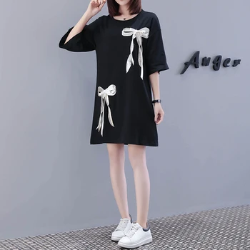 

2020 Summer plus size Dress Women Bow lace Patchwork fashion Black short dresses loose M-4XL T-shirtdress casual Korean clothes
