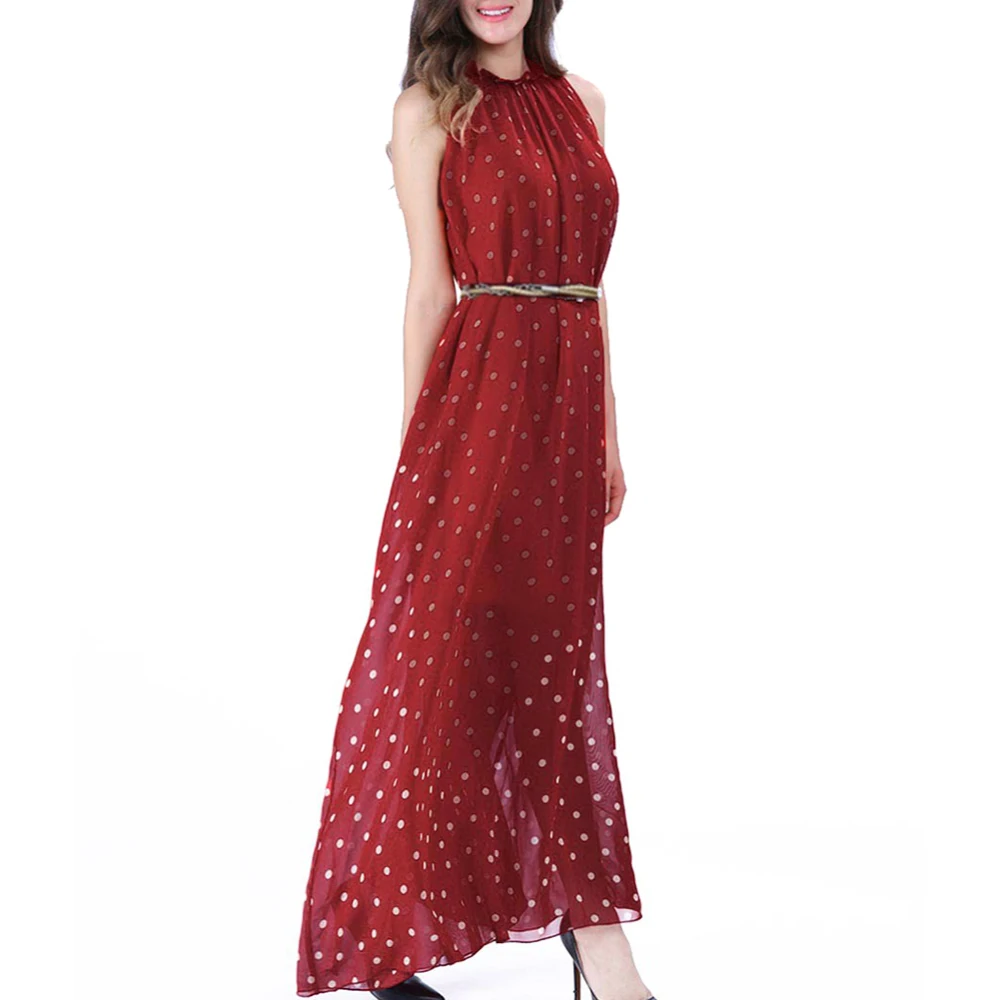 

Women's Dot Sleeveless Vest Dresses Loose Large Swing Dress Ladies Fashion Boho Long Maxi Chiffon Evening Party Dress Collar
