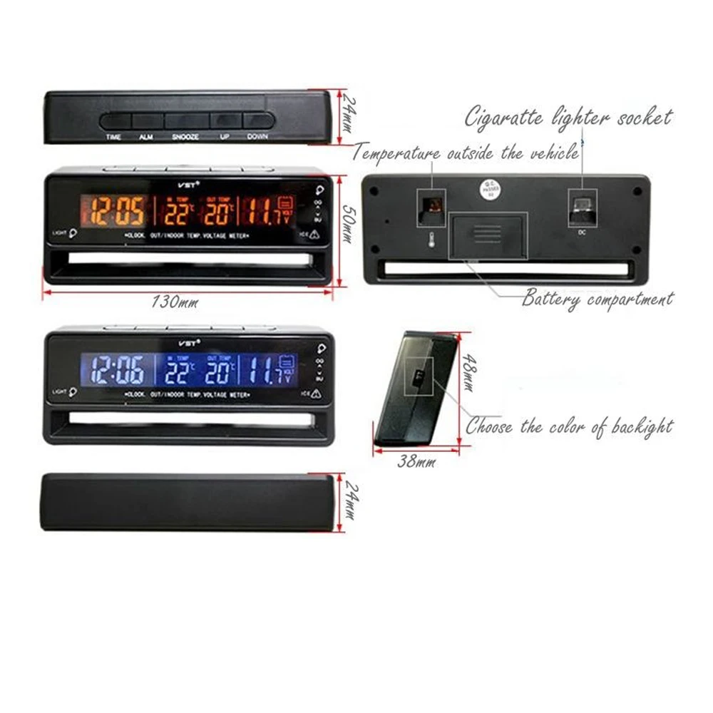 Digital Clock Temperature Meter Thermometer Car Voltage Measuring TS-7010V