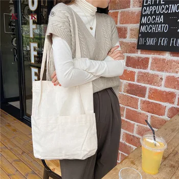 

2020 Women Canvas Shopping Bag Solid Color Female Cotton Cloth White Shoulder Bag Eco Handbag Tote Reusable Large Shopper Bags