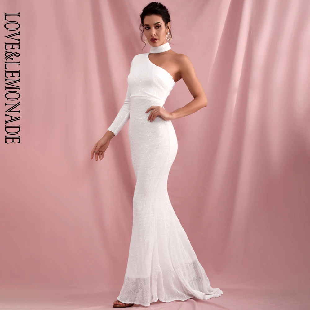 LOVE&LEMONADE сексуальное Белое платье с лямкой на шее без бретелек с одним рукавом эластичные вечерние платья макси с блестками LM82191
