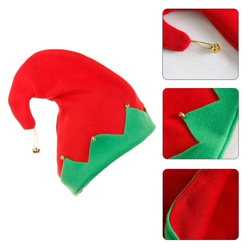 Elf Cap Plush Made with Metal Bell Decoration for Christmas Santa's Helper Hats Caps in Strongly Contrast Colors