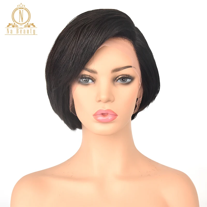 Natural Black 13x6 Lace Front Human Hair Short Bob Wigs Pixie Cut Ombre Color 1B 27 613 Blonde Black Straight For Women Brazilian Remy Hair - Цвет: Natural Black