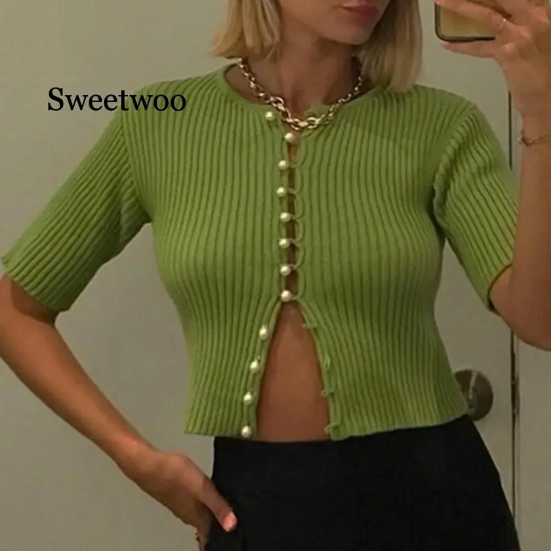 

2020 Summer Retro Knitting Single Breasted Pearl Cardigan Sweater Woman Stripe line O neck Short Sleeve Jumper Knitted Knitwear