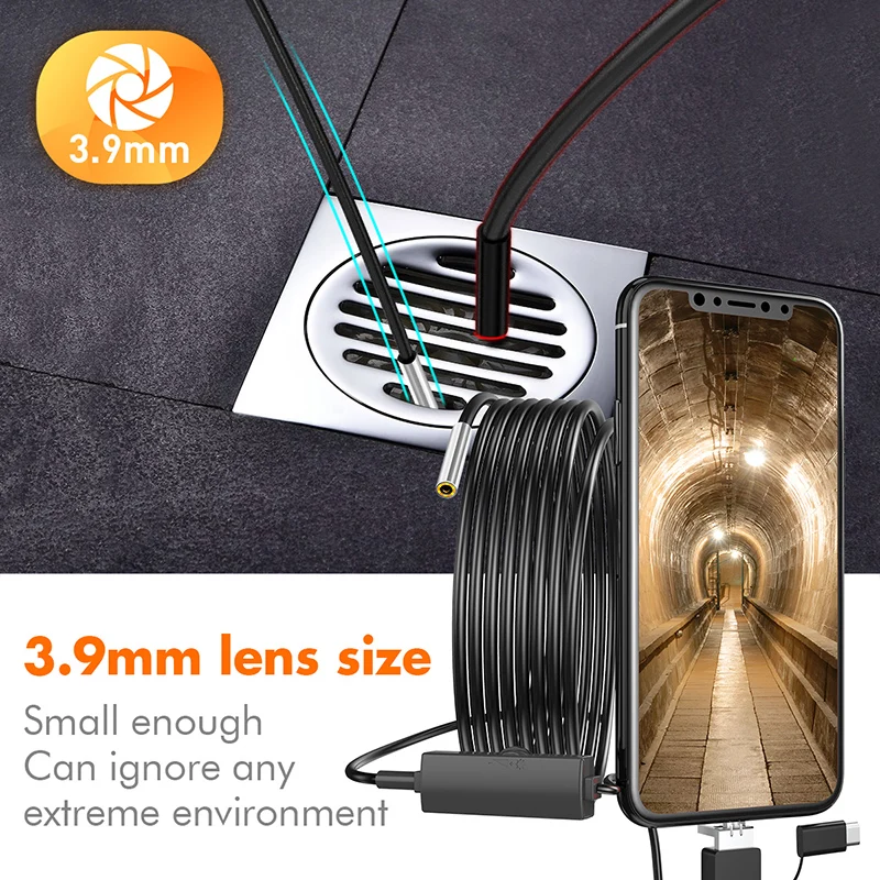 

3.9mm USB Endoscope Camera 720P Borescope Ip67 Inspection Snake Camera 3 in 1 for Car Pipe Repair Android Type c Phone PC-3.5m