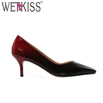 

WETKISS Lady Office Pumps Mixed Color Patent Mid Heels Shoes Woman Pointed Toe Ladies Pumps Dress Shoes Women Fashion