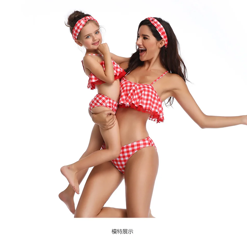 Red Plaid Mother and Daughter Swimsuit Mommy Me Swimwear Bikini Family Look Summer Matching Clothes Outfits Mom Mum Dresses orange bikini set