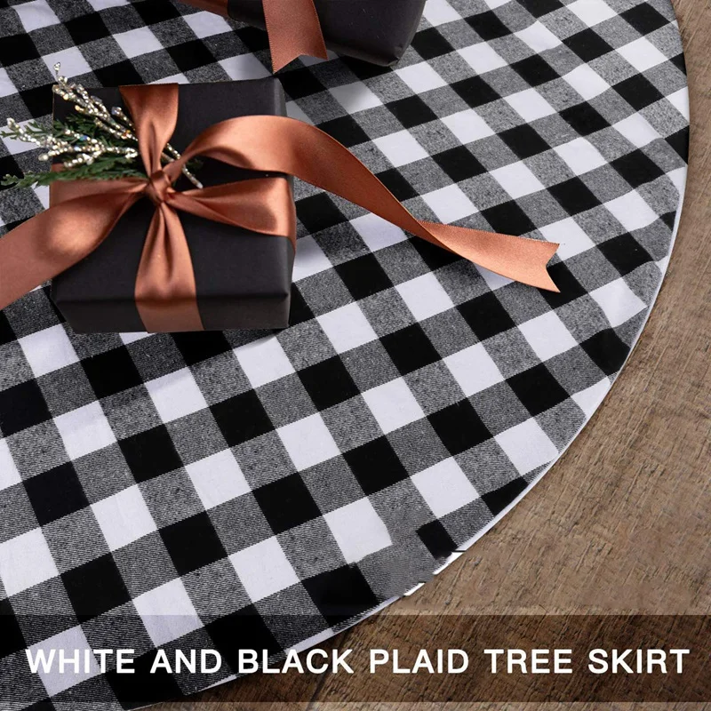 Christmas Tree Skirt 50 inch White and Black Plaid Buffalo Double Layers Tree Skirt for Xmas Decorations