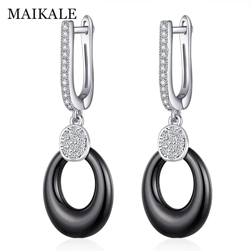 silver black MAIKALE новые модные черные белые керамические серьги-капли с кубическим цирконием Золотые/серебряные ювелирные изделия Висячие серьги для женщин - Окраска металла: silver black