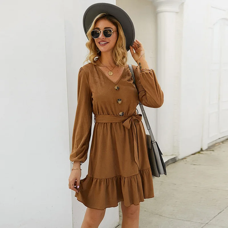 

New Arrival Office Lady Work Dress A-Line V-Neck Full Lantern Sleeve Bow Sashes Button Summer Dress Women Casual Dress Vestidos