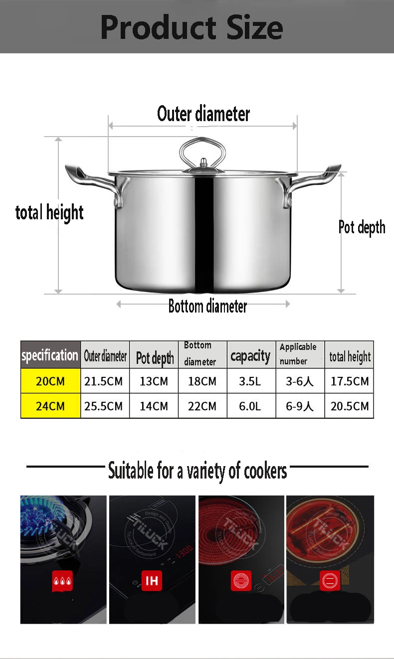 Кастрюля из нержавеющей стали, 20 см, суповая кастрюля, увеличивающая рост, утолщенная дополнительная пищевая кастрюля, кастрюля для быстрого приготовления лапши, Ушная плита, индукционная плита, ВОК